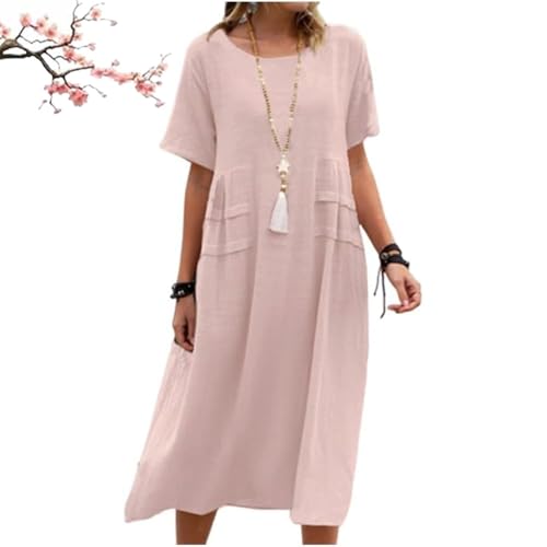Damen-Midikleid aus Baumwollleinen mit Rundhalsausschnitt, lässiges Basic-Outdoor-Kleid mit Rundhalsausschnitt und Tasche, lässiges, kurzärmeliges Kleid mit lockerer Passform (Pinks,XL) von Generic