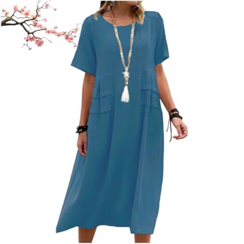 Damen-Midikleid aus Baumwollleinen mit Rundhalsausschnitt, lässiges Basic-Outdoor-Kleid mit Rundhalsausschnitt und Tasche, lässiges, kurzärmeliges Kleid mit lockerer Passform (Royal Blue,4XL) von Generic