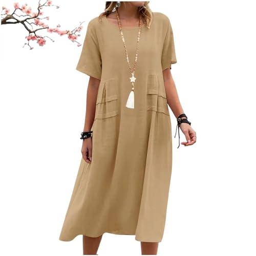 Damen-Midikleid aus Baumwollleinen mit Rundhalsausschnitt, lässiges Basic-Outdoor-Kleid mit Rundhalsausschnitt und Tasche, lässiges, kurzärmeliges Kleid mit lockerer Passform (Yellow,XXL) von Generic