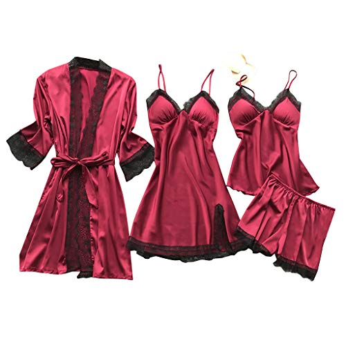 Generic Damen Satin Kimono Bademantel & Nachthemd Set - Rot, Geblümt, V-Ausschnitt, Langarm, S (5 Stück) - Hochzeit, Party - Frauenkleidung von Generic