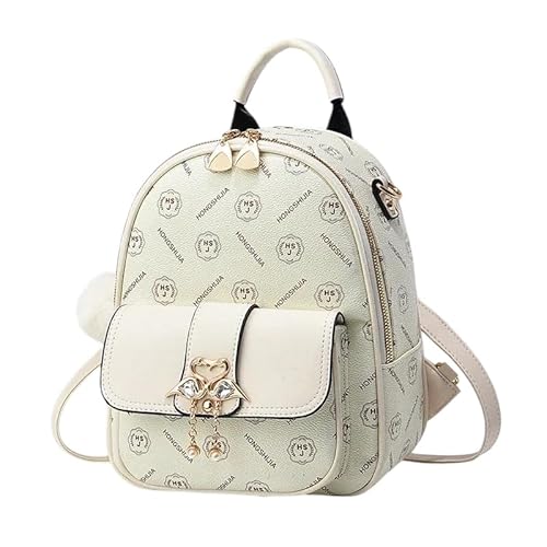 Damen Mini Rucksack mit Monogramm-Muster, Weiß, Kunstleder, mit Fronttasche und Reißverschluss von Generic