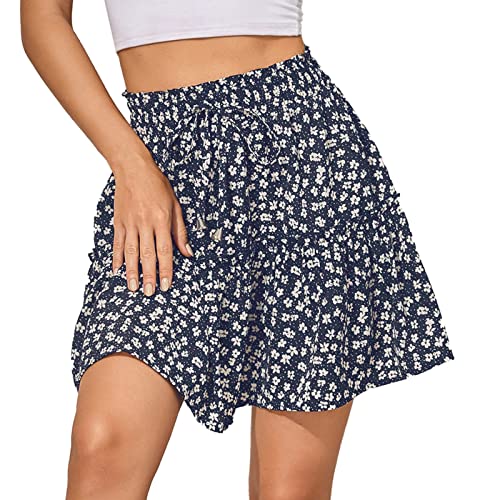 Damen Minirock Geblümt Rockabilly Strandrock Casual Blümchen Sommerrock Frauen Mini A-Linie Rock Floral Print Kordelzug Elastische Hohe Taille Kurz Rock Sommer Mode Casual Wild Rock (Blue, L) von Generic