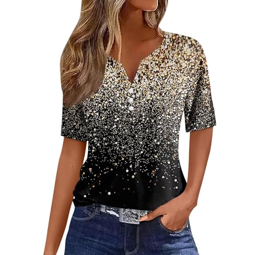 Damen Mit Print Sommer Tshirt Lässiges Farbblock-/Farbverlaufs-Knopf-T-Shirt, lockere, Bequeme Kurzarm-Tops mit V-Ausschnitt von Generic