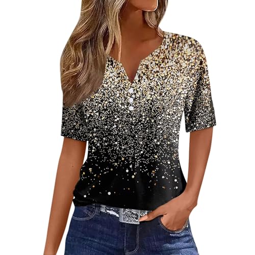 Generic Damen Mit Print Sommer Tshirt Lässiges Farbblock-/Farbverlaufs-Knopf-T-Shirt, lockere, Bequeme Kurzarm-Tops mit V-Ausschnitt von Generic