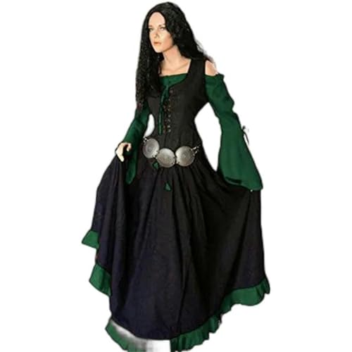 Damen Mittelalterliches, langärmliges, Schulterfreies Maxikleid, Vintage-Gothic-Stil, Korsett, Taille, ausgestellte Ärmel, Kleid, Mondgürtel, Grün, XL von Generic