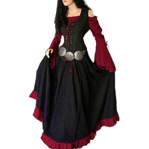 Damen Mittelalterliches, langärmliges, Schulterfreies Maxikleid, Vintage-Gothic-Stil, Korsett, Taille, ausgestellte Ärmel, Kleid, Mondgürtel, Rot, 4XL von Generic