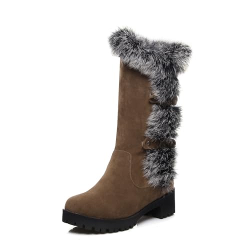 Damen Mittelhohe Stiefel Mit Kunstpelz Runde Zehen Blockabsatz Schnalle Strapazierfähiges Wildleder Bequem Slip On Winterschuhe,Braun,40 EU von Generic