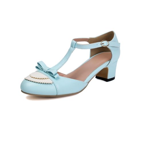 Damen Mittlerer Blockasbatz Vintage Kleid Schuhe T-Riemen Mary Jane Pumps Runde Zehe PU Leder Partei Abschlussball Schuhe Mit Schleife,Blau,38.5 EU von smlekwc