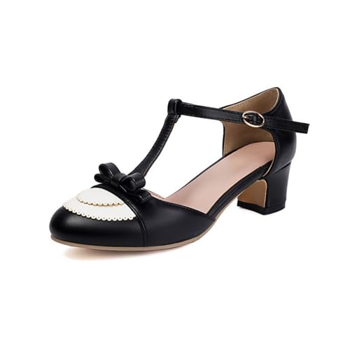 Damen Mittlerer Blockasbatz Vintage Kleid Schuhe T-Riemen Mary Jane Pumps Runde Zehe PU Leder Partei Abschlussball Schuhe Mit Schleife,Schwarz,41.5 EU von smlekwc