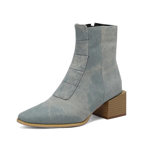 Damen Mittlerer Stämmiger Ferse Kurz Stiefel Spitz Zehen Kleid Schuhe Mit Reißverschluss PU Leder Chelsea Booties,Blau,47 EU von Generic
