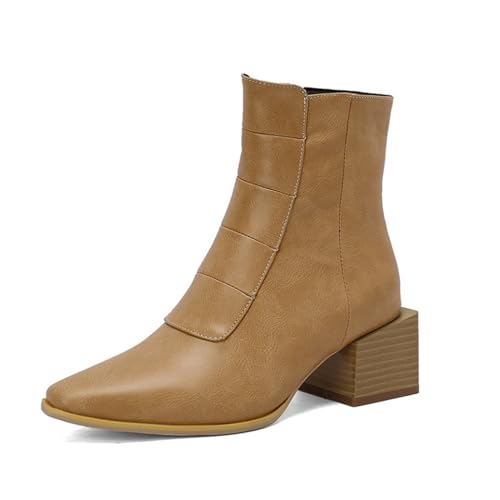 Damen Mittlerer Stämmiger Ferse Kurz Stiefel Spitz Zehen Kleid Schuhe Mit Reißverschluss PU Leder Chelsea Booties,Gelb,38.5 EU von Generic