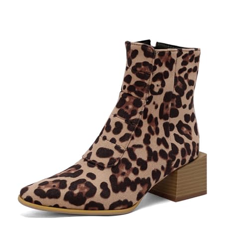 Damen Mittlerer Stämmiger Ferse Kurz Stiefel Spitz Zehen Kleid Schuhe Mit Reißverschluss PU Leder Chelsea Booties,Leopard,35.5 EU von Generic