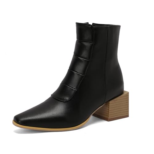 Damen Mittlerer Stämmiger Ferse Kurz Stiefel Spitz Zehen Kleid Schuhe Mit Reißverschluss PU Leder Chelsea Booties,Schwarz,46 EU von Generic