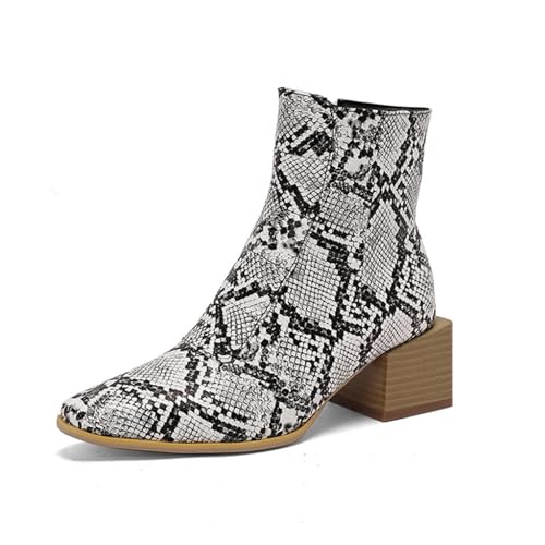 Damen Mittlerer Stämmiger Ferse Kurz Stiefel Spitz Zehen Kleid Schuhe Mit Reißverschluss PU Leder Chelsea Booties,Snake Print,45 EU von Generic