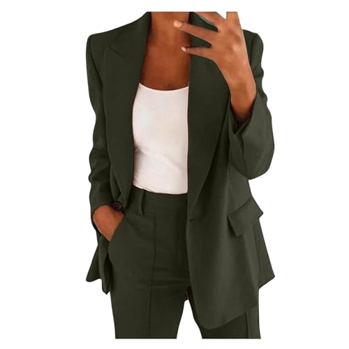 Damen Mode Anzug Business Casual Zweiteiler Elegant Einfarbig Tracksuit Langarm Blazer Hosenanzüge Sommer Herbst Loungewear Hoher Taille Hose Freizeitanzug Temperament Set (Armeegrün, XL) von Generic