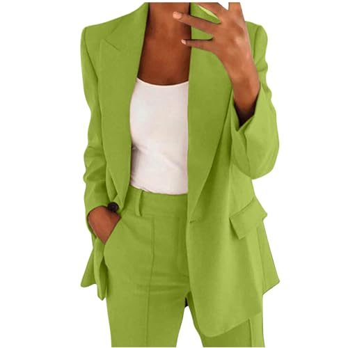 Damen Mode Anzug Business Casual Zweiteiler Elegant Einfarbig Tracksuit Langarm Blazer Hosenanzüge Sommer Herbst Loungewear Hoher Taille Hose Freizeitanzug Temperament Set (Grün, XXL) von Generic