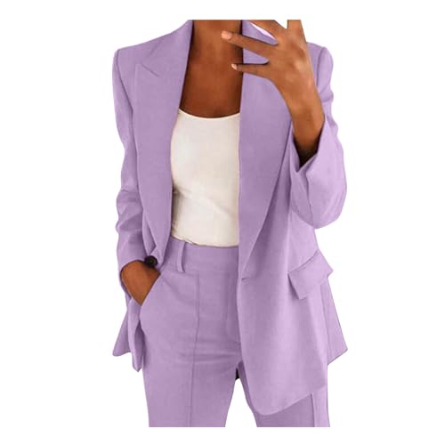 Damen Mode Anzug Business Casual Zweiteiler Elegant Einfarbig Tracksuit Langarm Blazer Hosenanzüge Sommer Herbst Loungewear Hoher Taille Hose Freizeitanzug Temperament Set (Lila, L) von Generic