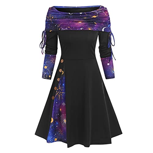 Damen Mode Casual Taille Breiter Saum Schulterfrei Langarm A-Linie Kleid Herbst Kleider für Frauen 2023, violett, XX-Large von Generic