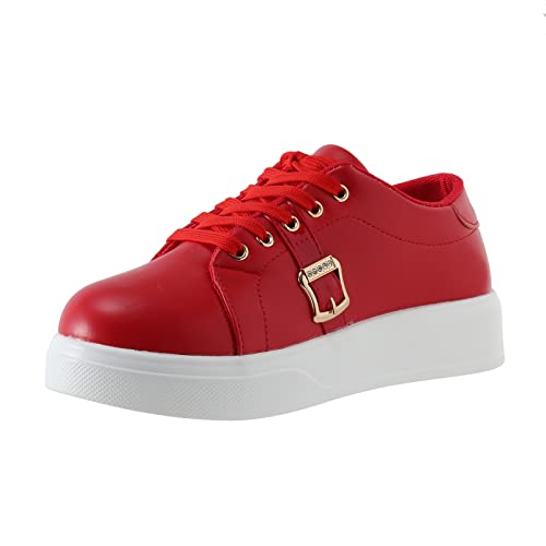 Damen Mode Solid Leder Strass Gürtelschnalle Dekoration Schnürung Dicke Sohle Freizeit Sneakers Frauen Mesh Sportschuhe, rot, 37.5 EU von Generic