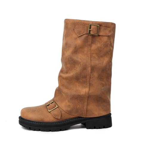 Damen Mode Stiefel Blockabsatz Doppelschnalle Mittlere Wade Reitstil Für Tägliches Tragen Robuste Gummisohle Obermaterial Mikrofaser,Gelb,34 EU von Generic