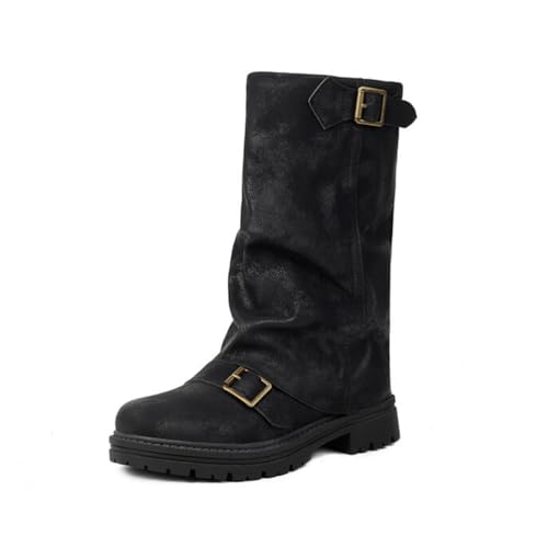 Damen Mode Stiefel Blockabsatz Doppelschnalle Mittlere Wade Reitstil Für Tägliches Tragen Robuste Gummisohle Obermaterial Mikrofaser,Schwarz,35 EU von Generic