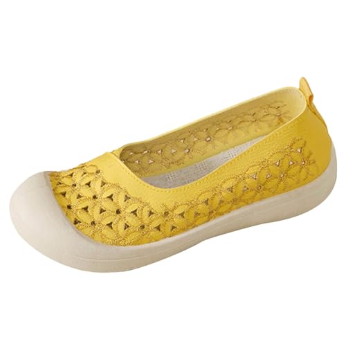 Damen-Mokassins, flach, ohne Schnürsenkel, runde Zehe, atmungsaktiv, leicht, rutschfest, mit hohlen Löchern, flacher Mund, bequeme Sportschuhe, gelb, 37 EU von Generic