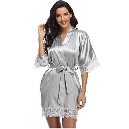 Damen Morgenmantel Bademantel Satin Kurz Sexy Kimono Robe V-Ausschnitt Nachtwäsche mit Gürtel Nachthemd für Braut Brautjungfern von Generic