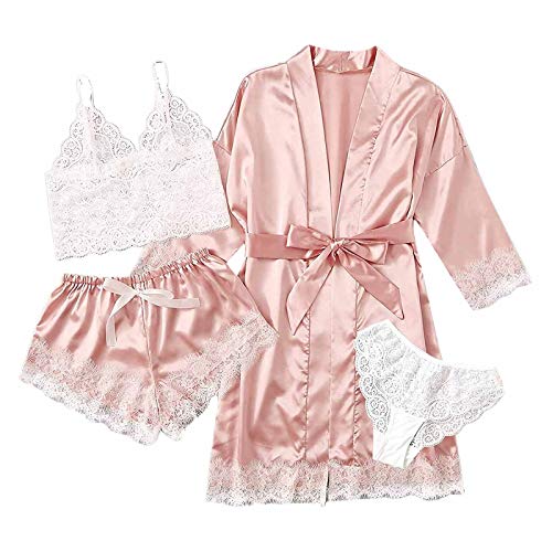 Damen Morgenmantel Kimono Seiden-Bademantel Mit Spitze Morgenmantel Damen Bademantel Satin Frauen Satin Bademantel Pyjamas Spitze Cardigan Nachtwäsche Damen Reizwäsche Damen Party Pajama von Generic