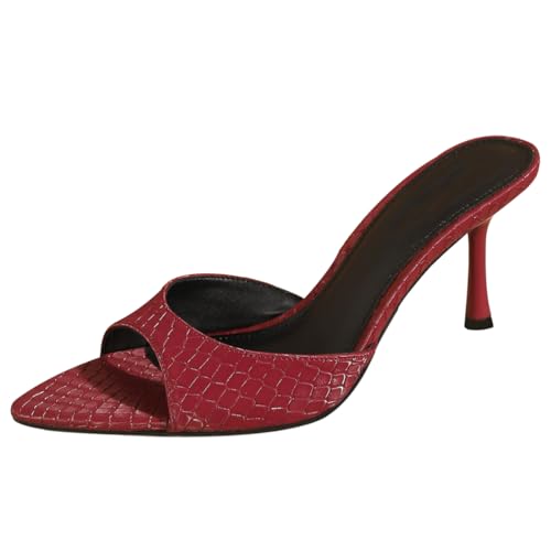 Damen-Mule-Sandaletten Mit Spitzer Zehe, Krokodilmuster, Stilettoabsatz, Erhältlich in Schwarz, Burgunder, Grün,Burgundy,42 EU von Generic