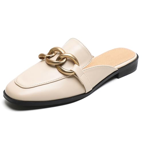 Damen-Mules Mit Quadratischer Zehe und Metall Schnalle, 2cm Niedriger Blockabsatz - Weiches Lederschlupfschuh für Büro & Alltag,Apricot,36 EU von Generic