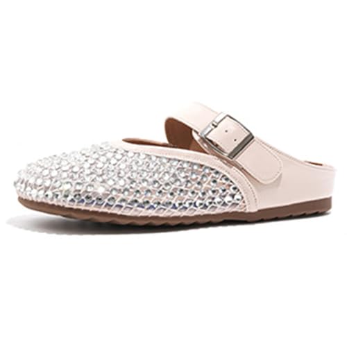 Damen Mules mit Strassverzierung - Oberteil aus transparentem Mesh mit Riegeldetail,Almond,35 EU von Generic