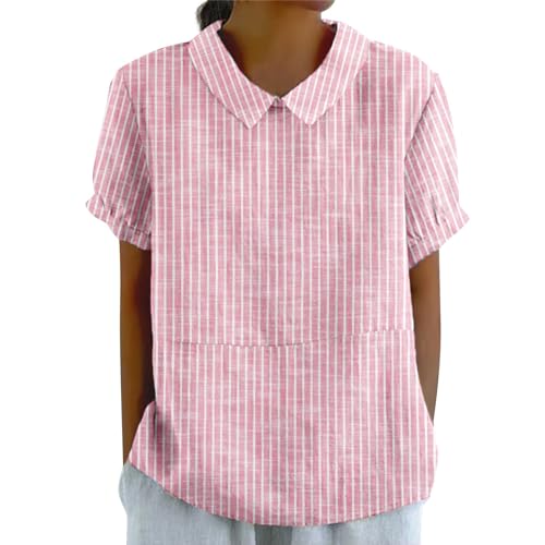 Damen Musselin Bluse Leinenbluse Elegant Shirt Basic V Ausschnitt T Shirt Kurzarm Bluse Gestreift Oberteil Vintage Hemd Leicht Weich Tops Mode Summer Bekleidung Rosarot XXL von Generic