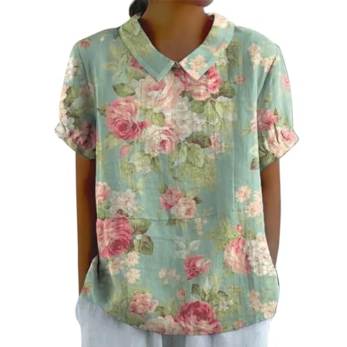 Damen Musselin Bluse Leinenbluse Elegant Shirt Basic V Ausschnitt T Shirt Kurzarm Bluse Gestreift Oberteil Vintage Hemd Leicht Weich Tops Mode Summer Bekleidung Y01 Blumen Minzgrün L von Generic