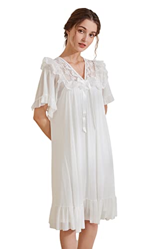 Damen Nachthemd Kurzarm Sommer Nachtwäsche Nachthemden Nachtkleid T-Shirt Sleepwear Schlafhemd Mit Rüschen (L,Weiß) von Generic