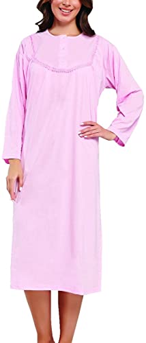 Damen Nachthemd Langarm Knopfleiste Größen M bis 3XL Uni Farben und Blumenmuster Komfort Baumwolle ideal für Senioren und Omas in Pflege von Generic