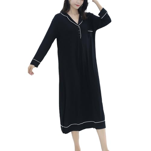 Damen Nachthemd Revers Kragen Button Down Nachtwäsche Langarm Nachthemden Soft Button Schlaf Kleid,Schwarz,XXL von Generic