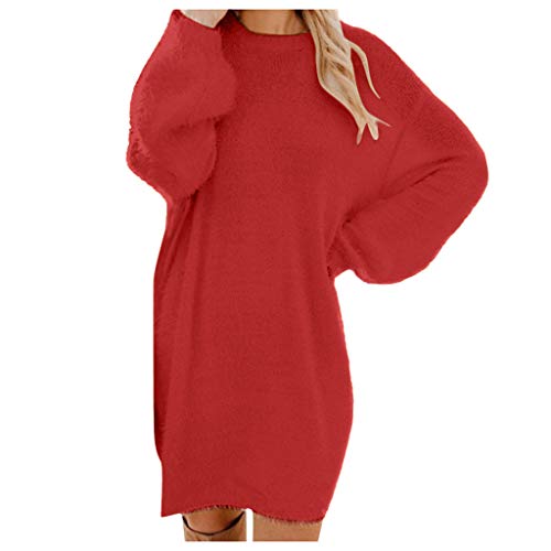 Damen Nerz Strick Winter Herbst Pullover Kleid Solide Lose Rundhals Trendy Herbst Pullover Kleider 2023 Weiche Strickkleider Herbst Pullover Pullover, rot, 50 von Generic