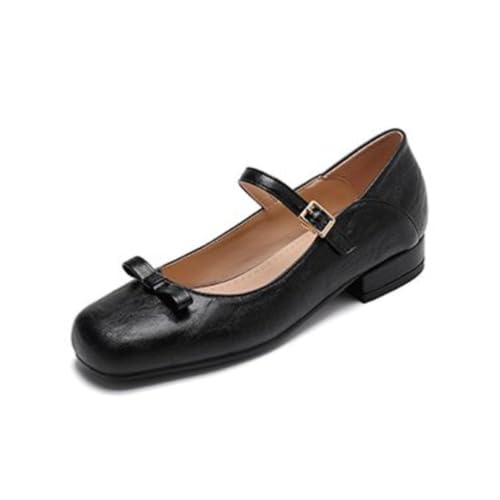 Damen Niedlich Quadratische Zehe Mary Jane Flache Schuhe mit Schleife Dekor Niedrige Blockabsätze mit quadratischer Schnalle Stilvolle Casual Büro Tägliche Schuhe,Schwarz,38.5 EU von Generic