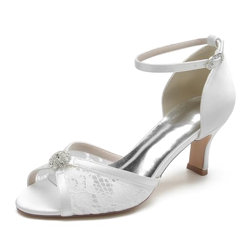 Damen Niedrige Kätzchenabsatz Elegante Hochzeitsschuhe Verstellbarer Knöchelriemen Brautschuhe Spitze Peeptoe Abend Party Sandalen Mit Strass,Weiß,36 EU Damen Niedrige Kätzchenabsatz Elegante Hochzeitsschuhe Verstellbarer Knöchelriemen Brautschuhe Spitze Peeptoe Abend Party Sandalen Mit Strass,Weiß,36 EU von Generic