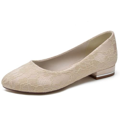 Damen Niedriger Ferse Ballerinas Slip Auf Hochzeit Kleid Schuhe Geschlossene Runde Zehen Spitze Brautschuhe,Champagne,39 EU von HXTYXCQ