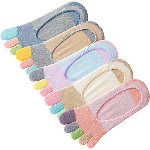 Damen No Show Zehensocken, niedrig geschnitten, 5 Finger, Baumwolle, unsichtbares Futter, Knöchelsocken, 5 Paar, Mehrfarbig von Generic