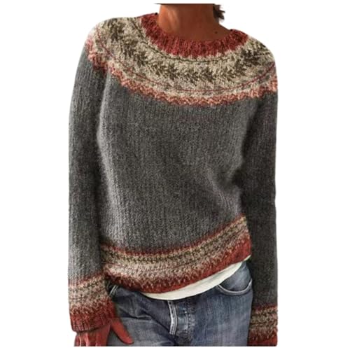 Damen Norweger Pullover Große Größen Strickpullover Rundhals Pulli Langarm Sweater Norwegermuster Warme Winterpullover Oberteile Lockere Jumpers Klamotten Teenager Mädchen Winter Herbstmode 2024 von Generic