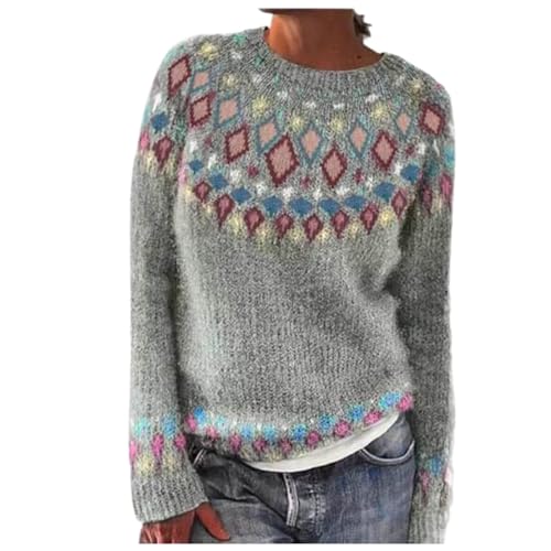 Damen Norweger Pullover Große Größen Strickpullover Rundhals Pulli Langarm Sweater Norwegermuster Warme Winterpullover Oberteile Lockere Jumpers Klamotten Teenager Mädchen Winter Herbstmode 2024 von Generic