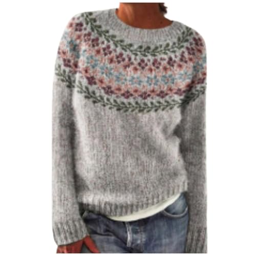 Damen Norweger Pullover Große Größen Strickpullover Rundhals Pulli Langarm Sweater Norwegermuster Warme Winterpullover Oberteile Lockere Jumpers Klamotten Teenager Mädchen Winter Herbstmode 2024 von Generic