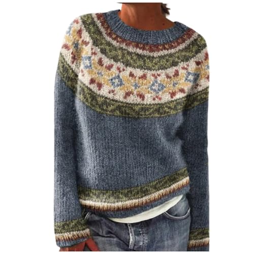 Damen Norweger Pullover Große Größen Strickpullover Rundhals Pulli Langarm Sweater Norwegermuster Warme Winterpullover Oberteile Lockere Jumpers Klamotten Teenager Mädchen Winter Herbstmode 2024 von Generic