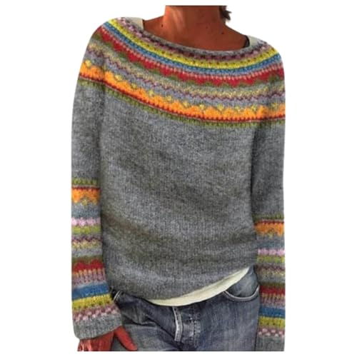 Damen Norweger Pullover Große Größen Strickpullover Rundhals Pulli Langarm Sweater Norwegermuster Warme Winterpullover Oberteile Lockere Jumpers Klamotten Teenager Mädchen Winter Herbstmode 2024 von Generic