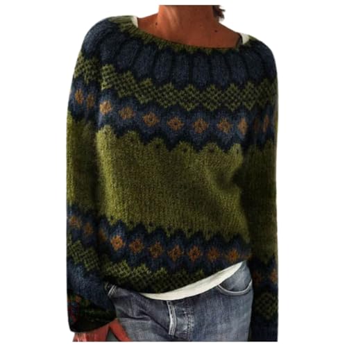 Damen Norweger Pullover Große Größen Strickpullover Rundhals Pulli Langarm Sweater Norwegermuster Warme Winterpullover Oberteile Lockere Jumpers Klamotten Teenager Mädchen Winter Herbstmode 2024 von Generic