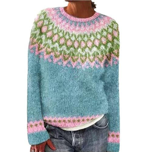 Damen Norweger Pullover Große Größen Strickpullover Rundhals Pulli Langarm Sweater Norwegermuster Warme Winterpullover Oberteile Lockere Jumpers Klamotten Teenager Mädchen Winter Herbstmode 2024 von Generic
