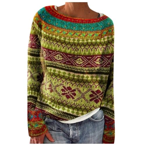 Damen Norweger Pullover Große Größen Strickpullover Rundhals Pulli Langarm Sweater Norwegermuster Warme Winterpullover Oberteile Lockere Jumpers Klamotten Teenager Mädchen Winter Herbstmode 2024 von Generic