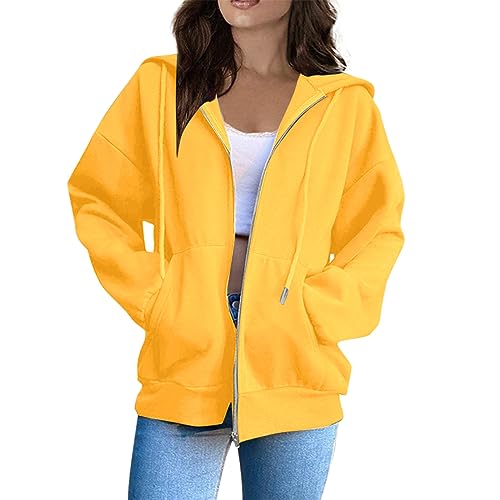 Damen Oberteile,Damen Sweatjacke Hoodie Sweatshirtjacke Pullover Oberteile Kapuzenpullover Einfarbig Full Zip Casual Hoodie Sweatshirt,Jacke Teenager Mädchen,Gelb,S von Generic